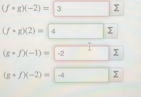 (fcirc g)(-2)=|3
Σ
(fcirc g)(2)= 4
(gcirc f)(-1)=|-2
Σ
(gcirc f)(-2)=|-4
Σ