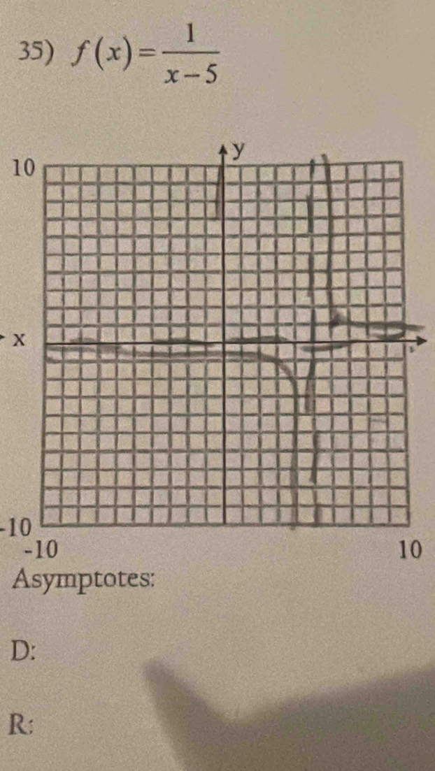 f(x)= 1/x-5 
1
x
-10
-10 10
Asymptotes:
D : 
R;