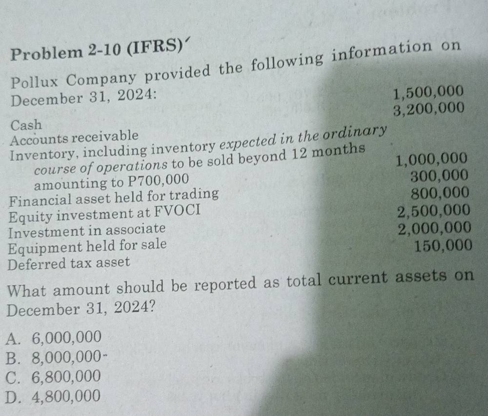 Problem 2-10 (IFRS)´
Pollux Company provided the following information on
December 31, 2024:
1,500,000
3,200,000
Cash
Accounts receivable
Inventory, including inventory expected in the ordinary
1,000,000
course of operations to be sold beyond 12 months
amounting to P700,000
300,000
Financial asset held for trading
800,000
Equity investment at FVOCI
Investment in associate 2,500,000
Equipment held for sale 2,000,000
150,000
Deferred tax asset
What amount should be reported as total current assets on
December 31, 2024?
A. 6,000,000
B. 8,000,000 -
C. 6,800,000
D. 4,800,000