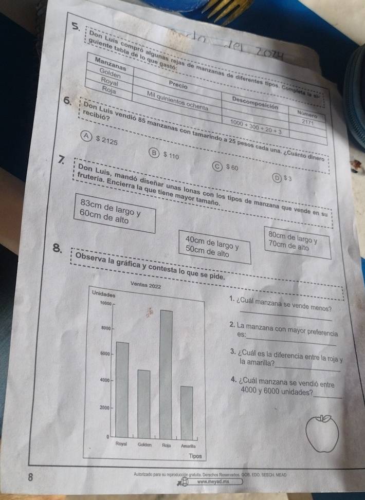 guiente 
Con Luís com
una. ¿Cuanto dinero
B) $ 110 $ 60
D$3
7 Don Luis, mandó diseñar unas lonas con los tipos de manzana que vende en su
fruteria. Encierra la que tiene mayor tamaño
83cm de largo y
60cm de alto
80cm de largo y
40cm de largo y 70cm de alto
50cm de alto
8. Observa la gráfica y contesta lo que se pide.
1. ¿Cuál manzana se vende menos?
_
_
2. La manzana con mayor preferencia
es:
_
3. ¿Cuál es la diferencia entre la roja y
la amarilla?
4. ¿Cuál manzana se vendió entre
_
4000 y 6000 unidades?
8
* Autorizado para su reproducción grafuita, Derechos Resarvados, GOB, EDO. SEECH. MEAD
www. me y ad.mx