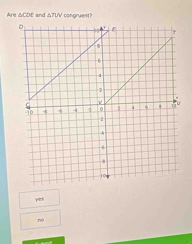 Are △ CDE and △ TUV congruent?
yes
no
m il