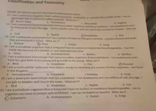 Classification and Taxonomy
Identify the lype of argasism described in each question below.
13 1 am a eukaryotic organism that is either unicellular, multiculiar, or colonial with a visible nuclel. I am an
autotroph that is commonly called saaweed. What am i?
23 Brown Algae b. Faramecium c. Slime Mold
14. I am a eukaryotic hoterstroph that consumes other organisms and has a backbone. I am ectothermic and l d. Euglena
lay thousands of jelly-like eggs. I have smooth moist skin and can spend time oe land or in water. What am
17
a. Fish b. .Roptile c. ] Amphibian
15 I am a eukaryotic autotroph that has a system of tubes to transport nutrients. I produce flowers and seeds d. Bird
that are enclosed in a fruit. What am I?
a. Animal b) Plant c Protist d. Fungì
16. I am a unicellular organism that is living and have no nucleus or membrane bound organelies. I can live
inside the stomach of a termite or near hydrothermal vents.
a. Virus b. Archaebacteria c. Bacillus d. Spinlum
17. I am a eukaryotic heterotroph that consumes other organisms & has a backbone. I am endethermic and l
have fur, give birth to live young and give milk to my young. What am I?
a Bird b. Amphibian c. Fish d Mammal
18. I am a multi-cellular eukaryote that obtains energy by absorbing the remains of other organisms. I am found
in the Kingdom_
a. Archaebacteria b. Eubacteria c Animalia d fungi
19. I am a eukaryotic heterotroph that has a backbone. I am ectothermic and I lay millions of soft, tiny eggs. I
use gills to breathe and I live in the water What am I?
a. Bird b. Amphibian c. Reptile d Fish
20. I am a unicellular organism that is living and I have no nucieus or membrane bound organelles. I am an
organism we come in contact with EVERYDAY. I am can be helpful or harmful. What am I?
. Eubacteria b Archaebacteria  Protist d、 Fungi