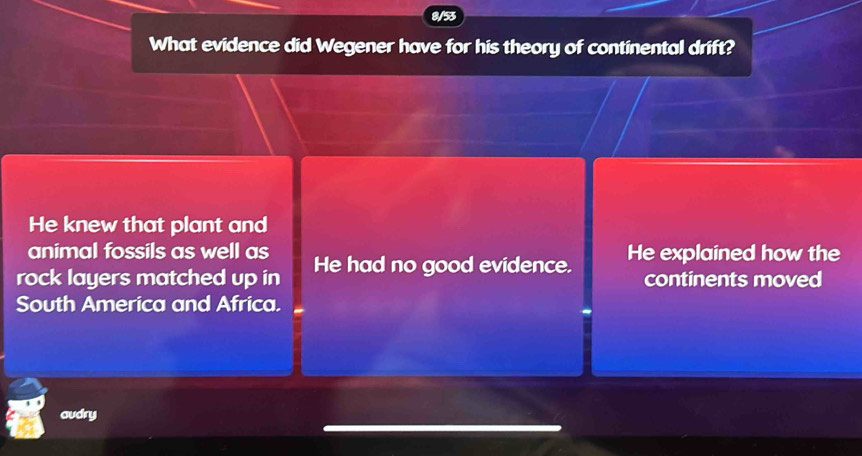 What evidence did Wegener have for his theory of continental drift?
He knew that plant and
animal fossils as well as
rock layers matched up in He had no good evidence. He explained how the
continents moved
South America and Africa.
audry