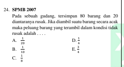 SPMB 2007
Pada sebuah gudang, tersimpan 80 barang dan 20
diantaranya rusak. Jika diambil suatu barang secara acak
maka peluang barang yang terambil dalam kondisi tidak
rusak adalah . . . .
A.  1/20   1/4 
D.
B.  1/10   3/4 
E.
C.  1/8 