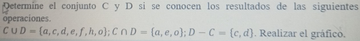 Determine el conjunto C y D si se conocen los resultados de las siguientes 
operaciones.
C∪ D= a,c,d,e,f,h,o; C∩ D= a,e,o; D-C= c,d. Realizar el gráfico.