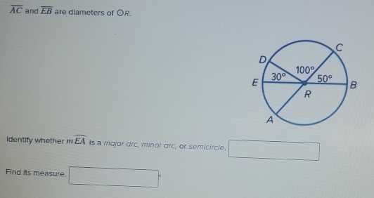 overline AC and overline EB are diameters of odot R.
Identify whether mwidehat EA is a major arc, minor arc, or semicircle. □
Find its measure. □°