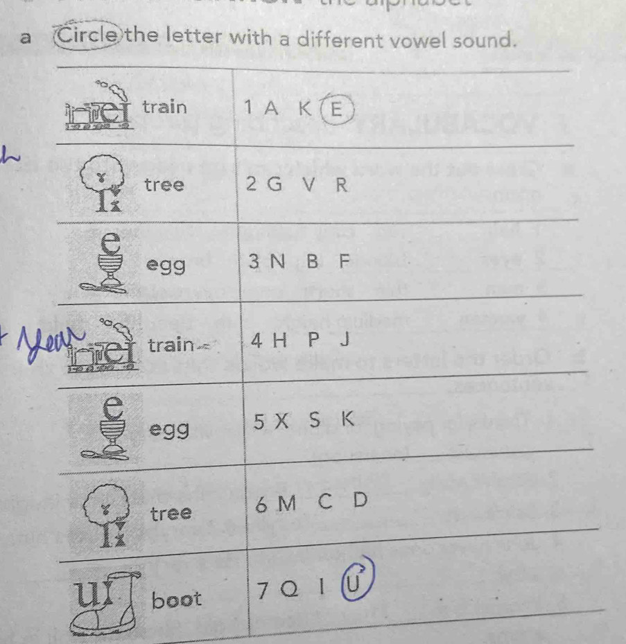 a Circle the letter with a different vowel sound.