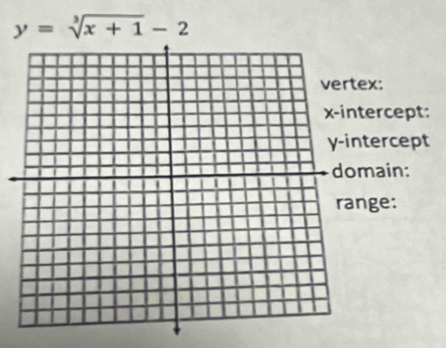 y=sqrt[3](x+1)-2
x : 
ercept: 
tercept 
ain: 
ge: