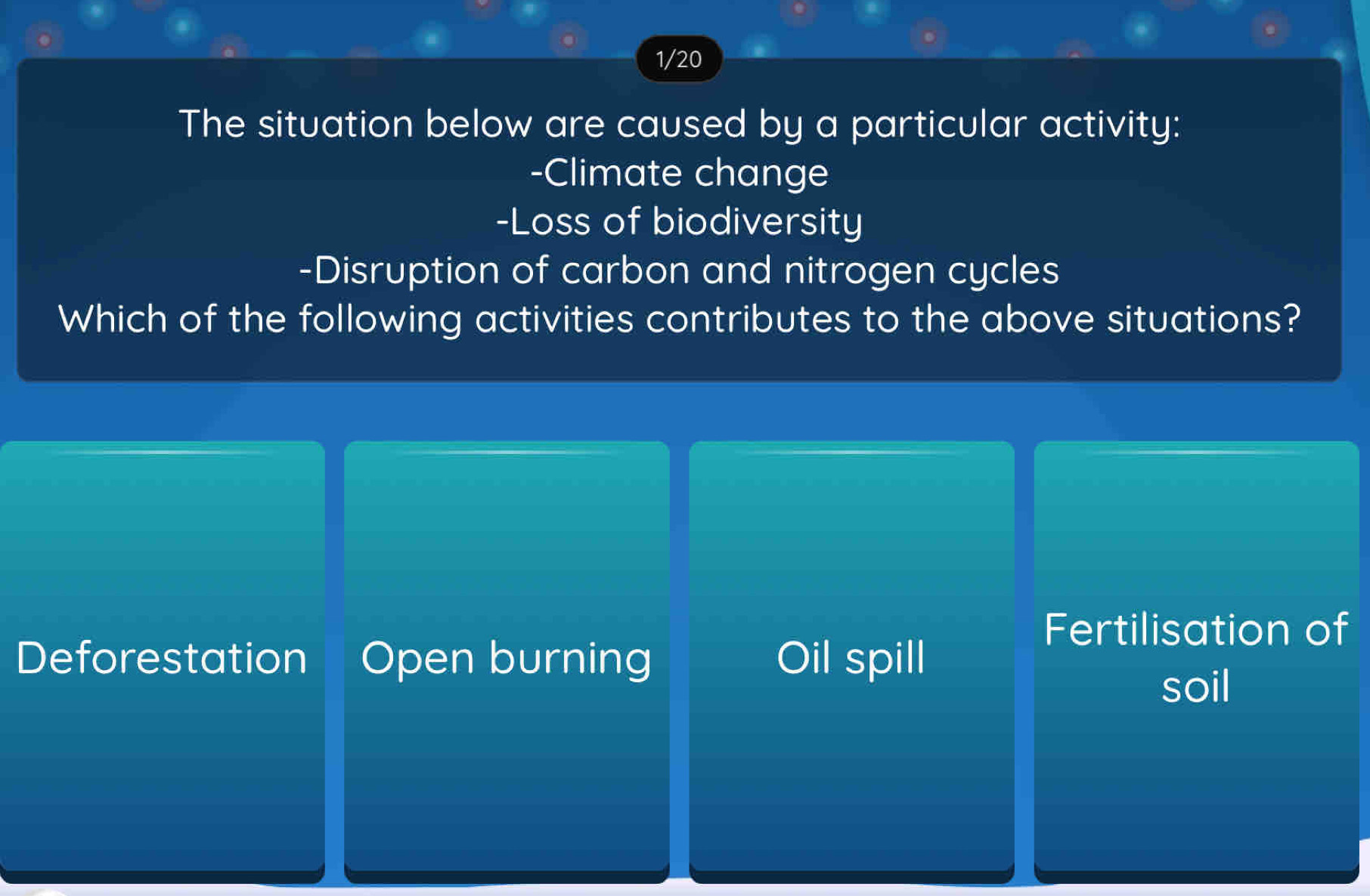 1/20
The situation below are caused by a particular activity:
-Climate change
-Loss of biodiversity
-Disruption of carbon and nitrogen cycles
Which of the following activities contributes to the above situations?
Fertilisation of
Deforestation Open burning Oil spill
soil