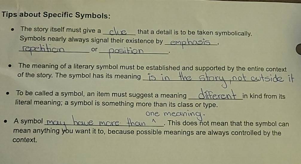 Solved: Tips about Specific Symbols: The story itself must give a _that ...