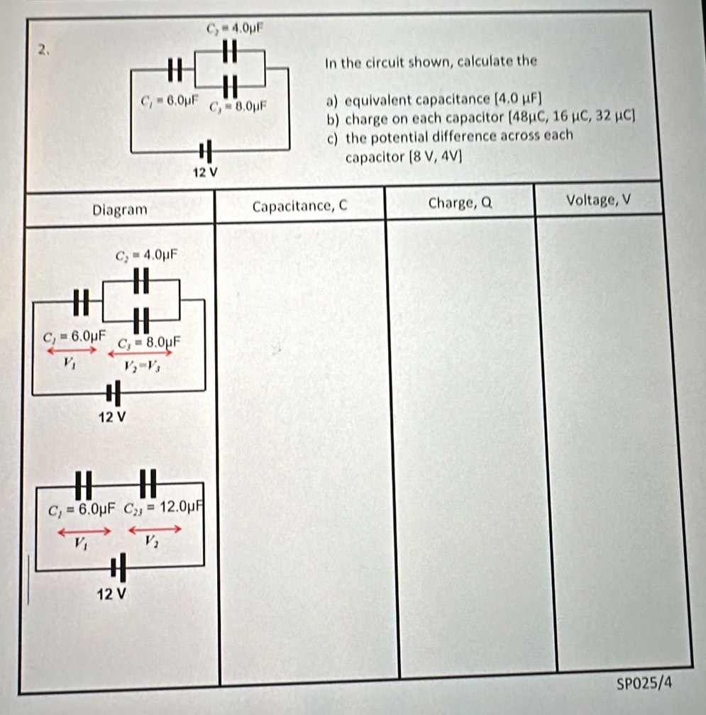 In the circuit shown, calculate the
a) equivalent capacitance [4.0mu F]
b) charge on each capacitor [48μC, 16 μC, 32 μC]
c) the potential difference across each
capacitor [8V,4V]
Diagram Capacitance, C Charge, Q Voltage, V
C_2=4.0mu F
C_2=6.0mu F frac C_3=8.0mu FY_2=V_3
V_1
12 V
C_2=6.0μF C_23=12.0mu F
V_1 V_2
12 V
SP025/4