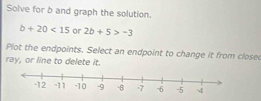 Solve for b and graph the solution.
b+20<15</tex> or 2b+5>-3
Plot the endpoints. Select an endpoint to change it from closed 
ray, or line to delete it.