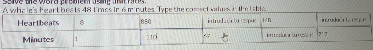 Solve the word problem using unit rates. 
hale's heart beats 48 times in 6 minutes. Type the correct values in the table.