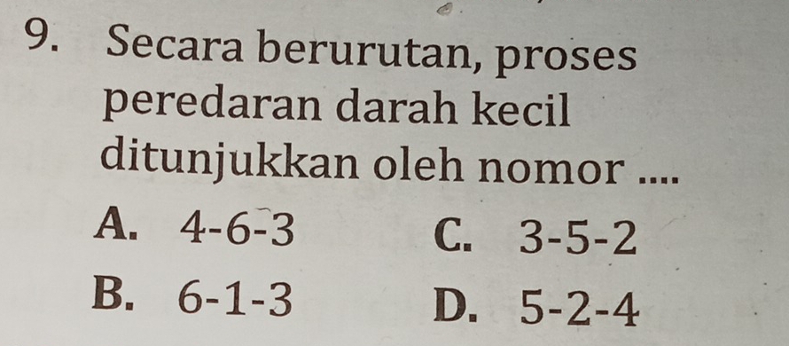 Secara berurutan, proses
peredaran darah kecil
ditunjukkan oleh nomor ....
A. 4-6-3
C. 3-5-2
B. 6-1-3
D. 5-2-4