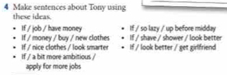 Make sentences about Tony using 
these ideas. 
If / job / have money If / so lazy / up before midday 
If / money / buy / new clothes If / shave / shower / look better 
If / nice clothes / look smarter If / look better / get girlfriend 
If / a bit more ambitious / 
apply for more jobs