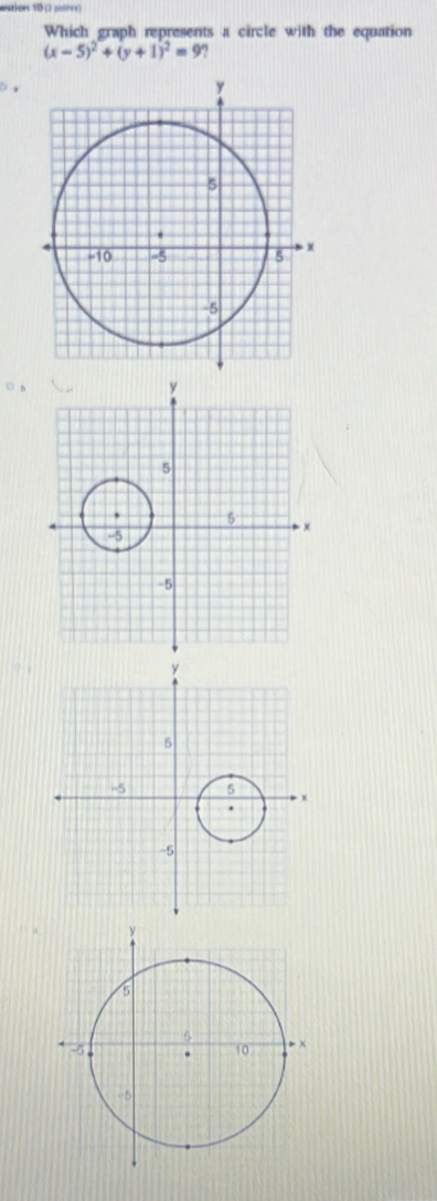 astion 10 (2 psr) 
Which graph represents a circle with the equation
(x-5)^2+(y+1)^2=9 2 
○ ,