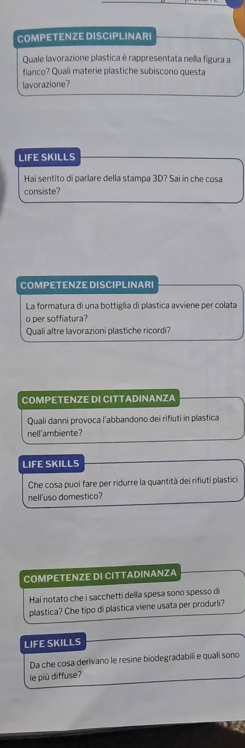 COMPETENZE DISCIPLINARI 
Quale lavorazione plastica è rappresentata nella figura a 
fianco? Quali materie plastiche subiscono questa 
lavorazione? 
LIFE SKILLS 
Hai sentito di parlare della stampa 3D? Sai in che cosa 
consiste? 
COMPETENZE DISCIPLINARI 
La formatura di una bottiglia di plastica avviene per colata 
o per soffiatura? 
Quali altre lavorazioni plastiche ricordi? 
COMPETENZE DI CITTADINANZA 
Quali danni provoca l’abbandono dei rifiuti in plastica 
nell'ambiente? 
LIFE SKILLS 
Che cosa puoi fare per ridurre la quantità dei rifiuti plastici 
nell'uso domestico? 
COMPETENZE DI CITTADINANZA 
Hai notato che i sacchetti della spesa sono spesso di 
plastica? Che tipo di plastica viene usata per produrli? 
LIFE SKILLS 
Da che cosa derivano le resine biodegradabili e quali sono 
le più diffuse?