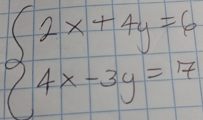 beginarrayl 2x+4y=4 4x-3y=120endarray.