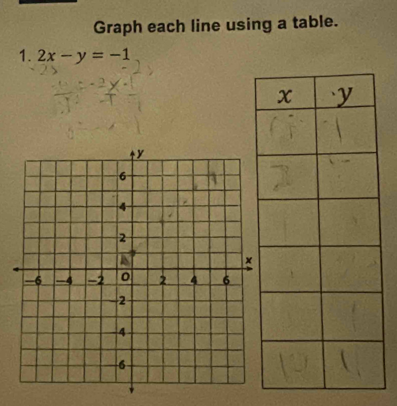 Graph each line using a table. 
1. 2x-y=-1