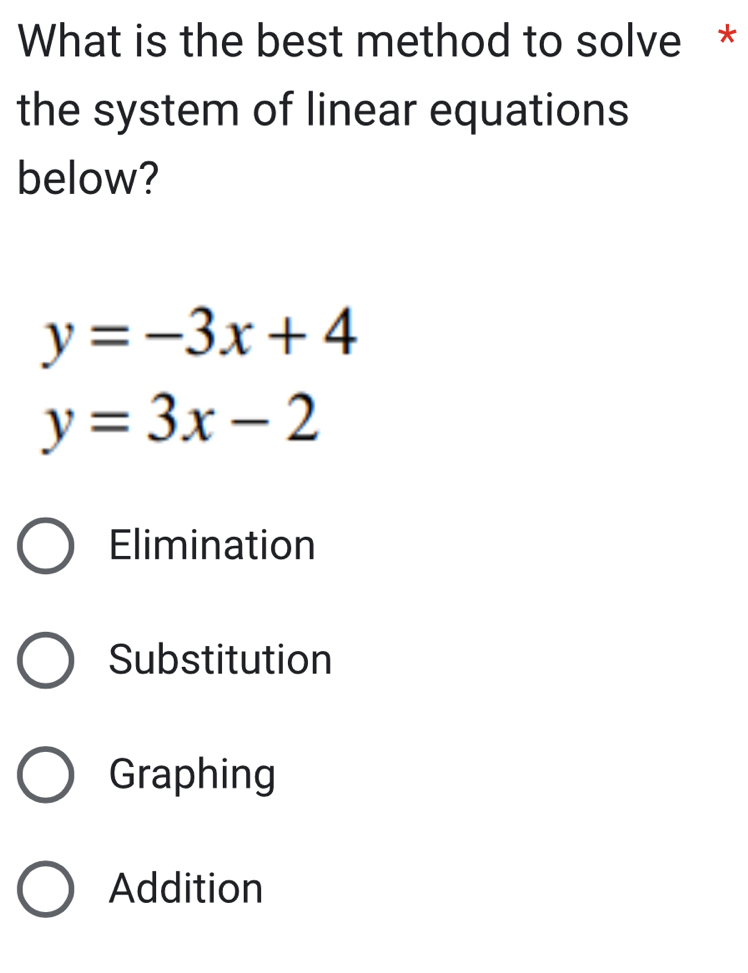 What is the best method to solve *
the system of linear equations
below?
y=-3x+4
y=3x-2
Elimination
Substitution
Graphing
Addition