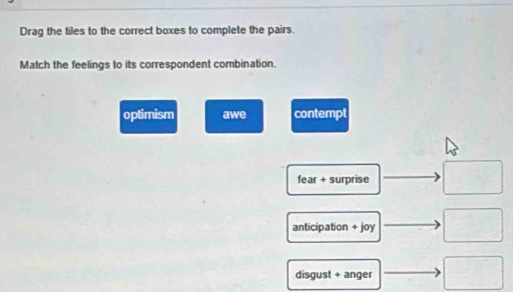 Drag the tiles to the correct boxes to complete the pairs.
Match the feelings to its correspondent combination.
optimism awe contempt
fear + surprise □ □
anticipation + joy □
disgust + anger □