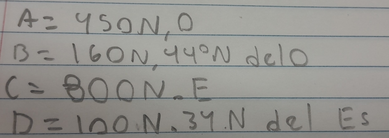 A=450N, O
B=160N,44°NdelO
C=800N.E
D=100N· 34.Nde! ES