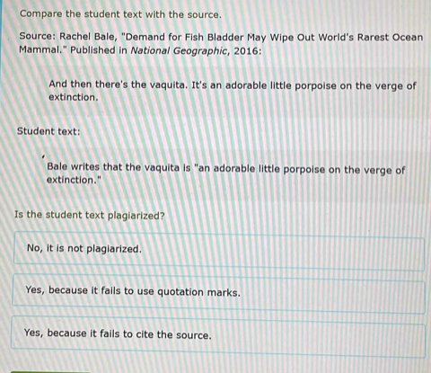 Compare the student text with the source.
Source: Rachel Bale, "Demand for Fish Bladder May Wipe Out World's Rarest Ocean
Mammal." Published in National Geographic, 2016:
And then there's the vaquita. It's an adorable little porpoise on the verge of
extinction.
Student text:
Bale writes that the vaquita is "an adorable little porpoise on the verge of
extinction."
Is the student text plagiarized?
No, it is not plagiarized.
Yes, because it fails to use quotation marks.
Yes, because it fails to cite the source.