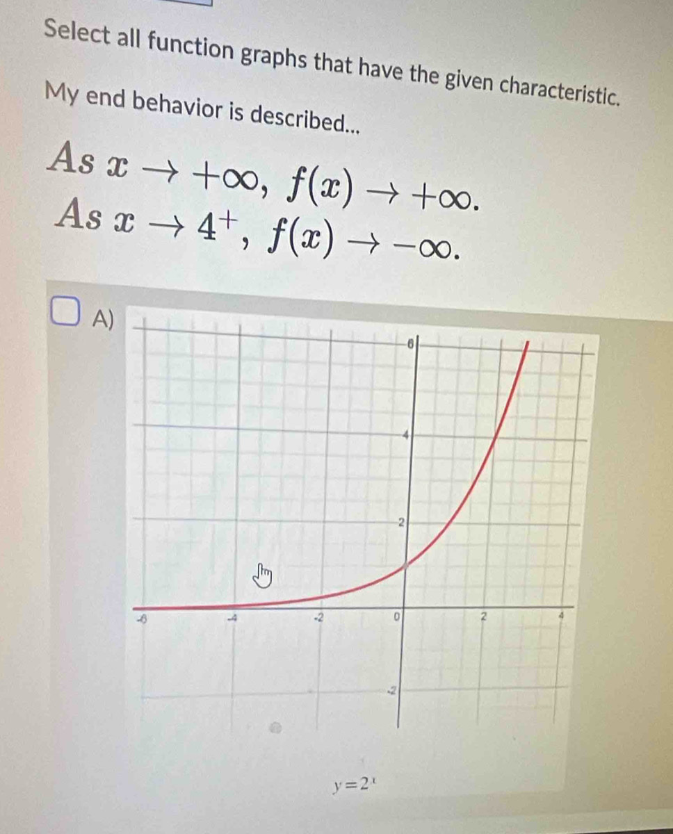 Select all function graphs that have the given characteristic. 
My end behavior is described... 
As xto +∈fty , f(x)to +∈fty. 
As xto 4^+, f(x)to -∈fty. 
A)
y=2^x