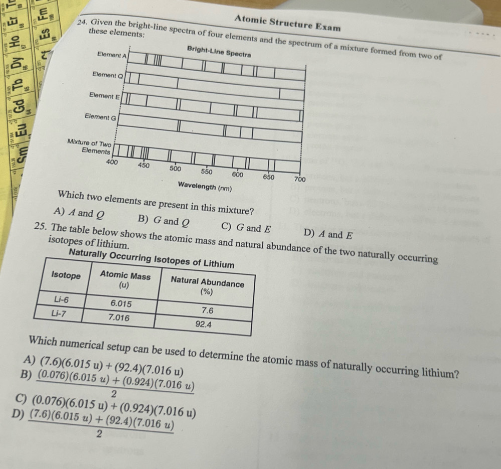 Atomic Structure Exam
u these elements:
g 24. Given the bright-line spectra of four elements anf a mixture formed from two of
9
2
:

7 5 
a
a
two elements are present in this mixture?
A) A and Q B) G and Q C) G and E D) A and E
isotopes of lithium.
25. The table below shows the atomic mass and natural abundance of the two naturally occurring
Which numerical setup can be used to determine the atomic mass of naturally occurring lithium?
A) (7.6)(6.015u)+(92.4)(7.016u)
B)  ((0.076)(6.015u)+(0.924)(7.016u))/2 
C) (0.076)(6.015u)+(0.924)(7.016u)
D)  ((7.6)(6.015u)+(92.4)(7.016u))/2 