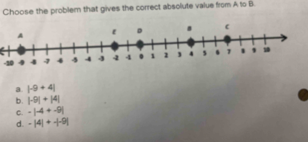 Choose the problem that gives the correct absolute value from A to B.
-20
a. |-9+4|
b. |-9|+|4|
C. -|-4+-9|
d. -|4|+-|-9|