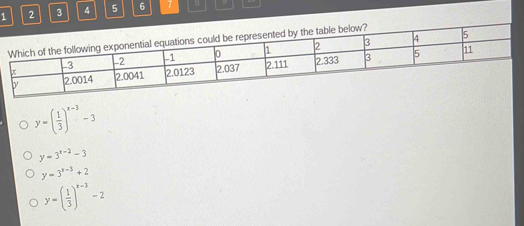 1 2 3 4 5 6 1
y=( 1/3 )^x-3-3
y=3^(x-2)-3
y=3^(x-3)+2
y=( 1/3 )^x-3-2