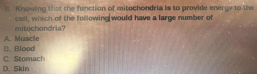 Knowing that the function of mitochondria is to provide energy to the
cell, which of the following|would have a large number of
mitochondria?
A. Muscle
B. Blood
C. Stomach
D. Skin