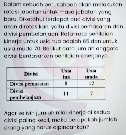 Dalam sebuah perusahaan akan melakukan 
rotasi jabatan untuk masa jabatan yan 
baru. Diketahui terdapat dua divisi yang 
akan dirotasikan, yaitu divisi pemasaran dan 
divisi pembelanjaan. Rata-rata penilaian 
kinerja untuk usia tua adalah 65 dan untuk 
usia muda 70. Berikut data jumlah anggota 
divisi berdasarkan penilaian kinerjanya. 
Agar selisih jumlah nilai kinerja di kedua 
divisi paling kecil, maka berapakah jumlah 
orang yang harus dipindahkan?