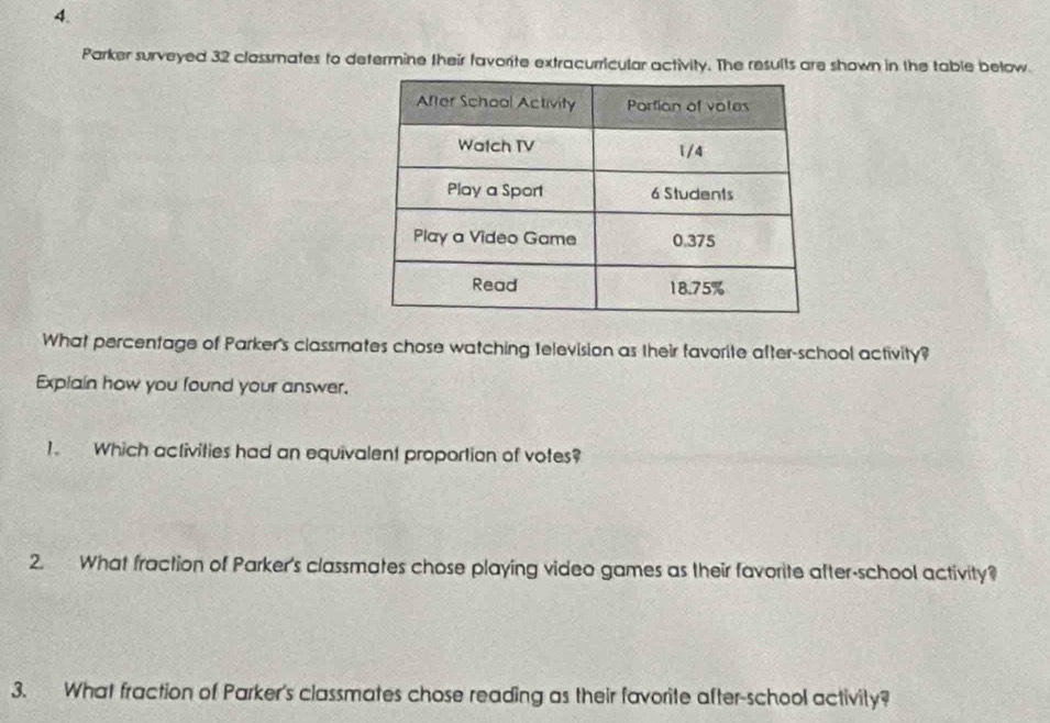 Parker surveyed 32 classmates to determine their favorite extracurricular activity. The results are shown in the table below. 
What percentage of Parker's classmates chose watching Ielevision as their favorite after-school activity? 
Explain how you found your answer, 
1. Which activities had an equivalent proportion of votes? 
2. What fraction of Parker's classmates chose playing video games as their favorite after-school activity? 
3. What fraction of Parker's classmates chose reading as their favorite after-school activity?