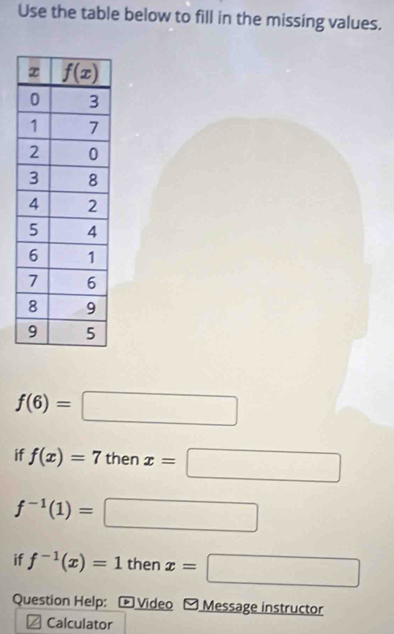 Use the table below to fill in the missing values.
f(6)=□
if f(x)=7 then x=□
f^(-1)(1)=□
if f^(-1)(x)=1 then x=□
Question Help:  Video [ Message instructor
Calculator