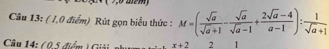 ( 7,0 aém) 
Câu 13: ( 1,0 điểm) Rút gọn biểu thức : M=( sqrt(a)/sqrt(a)+1 - sqrt(a)/sqrt(a)-1 + (2sqrt(a)-4)/a-1 ): 1/sqrt(a)+1 
Câu 14: ( 0,5 điểm ) Giải, phụ x+2 2 1