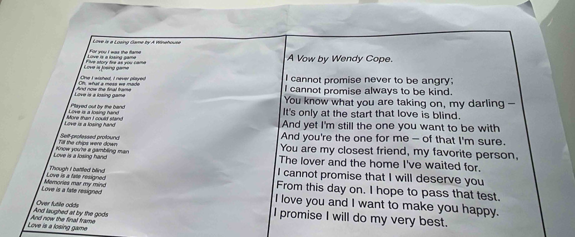 Love is a Losing Game by A Winehouse 
For you I was the flame 
Love is a losing game A Vow by Wendy Cope. 
Five story fire as you came 
Love is fosing game 
One I wished, I never played I cannot promise never to be angry; 
Oh, what a mess we made 
And now the final frame I cannot promise always to be kind. 
Love is a losing game You know what you are taking on, my darling - 
Played out by the band 
Love is a losing hand It's only at the start that love is blind. 
More than I could stand 
Love is a losing hand And yet I'm still the one you want to be with 
Self-professed profound And you're the one for me- of that I'm sure. 
Till the chips were down You are my closest friend, my favorite person, 
Know you're a gambling man 
Love is a losing hand The lover and the home I've waited for. 
Though I battled blind 
I cannot promise that I will deserve you 
Memories mar my mind 
Love is a fate resigned From this day on. I hope to pass that test. 
Love is a fate resigned I love you and I want to make you happy. 
And laughed at by the gods 
Over futile odds I promise I will do my very best. 
And now the final frame 
Love is a losing game