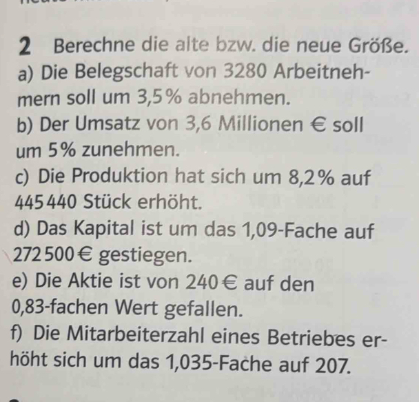 Berechne die alte bzw. die neue Größe. 
a) Die Belegschaft von 3280 Arbeitneh- 
mern soll um 3,5% abnehmen. 
b) Der Umsatz von 3,6 Millionen € soll 
um 5% zunehmen. 
c) Die Produktion hat sich um 8,2% auf
445440 Stück erhöht. 
d) Das Kapital ist um das 1,09 -Fache auf
272 500€ gestiegen. 
e) Die Aktie ist von 24 0∈ a auf den
0,83 -fachen Wert gefallen. 
f) Die Mitarbeiterzahl eines Betriebes er- 
höht sich um das 1,035 -Fache auf 207.