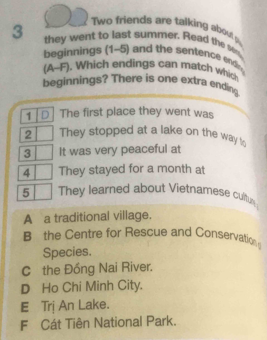 Two friends are talking about p
3 they went to last summer. Read the sen
beginnings (1~5) and the sentence endin
(A-F). Which endings can match which
beginnings? There is one extra ending.
1 The first place they went was
2 They stopped at a lake on the way to
3 It was very peaceful at
4 They stayed for a month at
5 They learned about Vietnamese cultur
A a traditional village.
B the Centre for Rescue and Conservation 
Species.
C the Đồng Nai River.
D Ho Chi Minh City.
E Trị An Lake.
F Cát Tiên National Park.