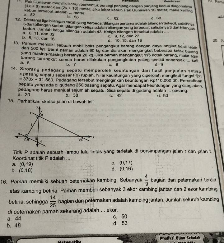 Kendarzan 19. Pera
11. Pak Gunawan memiliki kebun berbentuk persegi panjang dengan panjang kedua diagonainya
(4x+6) meter dan (2x+16)
kebun tersebut adalah ... meter. meter, Jika lebar kebun Pak Gunawan 10 meter, maka keliling
a. 52 b. 56 c. 62 d. 68
12. Diketahui tiga bilangan cacah yang berbeda. Bilangan pertama adalah bilangan terkecil, selisihnya
5 dari bilangan kedua. Bilangan ketiga adalah bilangan yang terbesar, selisihnya 3 dari bilangan
kedua. Jumlah ketiga bilangan adalah 43. Ketiga bilangan tersebut adalah ....
a. 6, 11, dan 32 20. P
b. 8, 13, dan 16 d. 10, 15, dan 18 c. 9, 12, dan 22
13. Paman memiliki sebuah mobil boks pengangkut barang dengan daya angkut tidak lebih
dari 500 kg. Berat paman adalah 60 kg dan dia akan mengangkut beberapa kotak barang
yang masing-masing beratnya 20 kg. Jika paman mengangkut 115 kotak barang, maka agar
barang terangkut semua harus dilakukan pengangkutan paling sedikit sebanyak ... kali.
a. 6 b. 7 c. 8 d.9
14. Seorang pedagang sepatu memperoleh keuntungan dari hasil penjualan setiap
x pasang sepatu sebesar f(x) rupiah. Nilai keuntungan yang diperoleh mengikuti fungsi f(x)
=370x+31.560. Pedagang tersebut menginginkan keuntungan Rp110.000,00. Persediaan
sepatu yang ada di gudang 250 pasang sepatu. Agar mendapat keuntungan yang diinginkan,
pedagang harus menjual sejumlah sepatu. Sisa sepatu di gudang adalah ... pasang.
a. 20 b. 38 c. 42 d. 50
15. Perhatikan sketsa jalan di bawah ini!
y
r
a P
t
S
V8 0 32 ×
-4
Titik P adalah sebuah lampu lalu lintas yang terletak di persimpangan jalan r dan jalan t.
Koordinat titik P adalah ....
a. (0,19)
C. (0,17)
b. (0,18)
d. (0,16)
16. Paman memiliki sebuah peternakan kambing. Sebanyak  4/9  bagian dari peternakan terdiri
atas kambing betina. Paman membeli sebanyak 3 ekor kambing jantan dan 2 ekor kambing
betina, sehingga  14/25  bagian dari peternakan adalah kambing jantan. Jumlah seluruh kambing
di peternakan paman sekarang adalah ... ekor.
a. 44 c. 50
b. 48 d. 53
Prediksi Ujian Sekolah