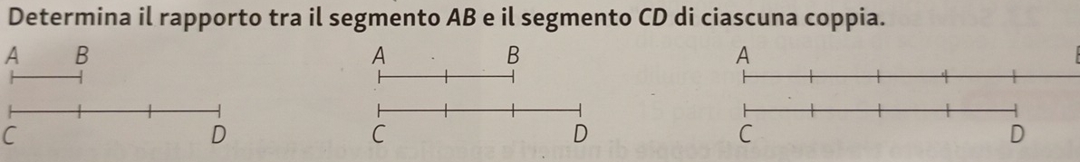 Determina il rapporto tra il segmento AB e il segmento CD di ciascuna coppia. 
A B 
A 
B 
A 
C 
D 
C 
D 
C 
D