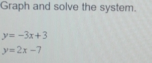 Graph and solve the system.
y=-3x+3
y=2x-7