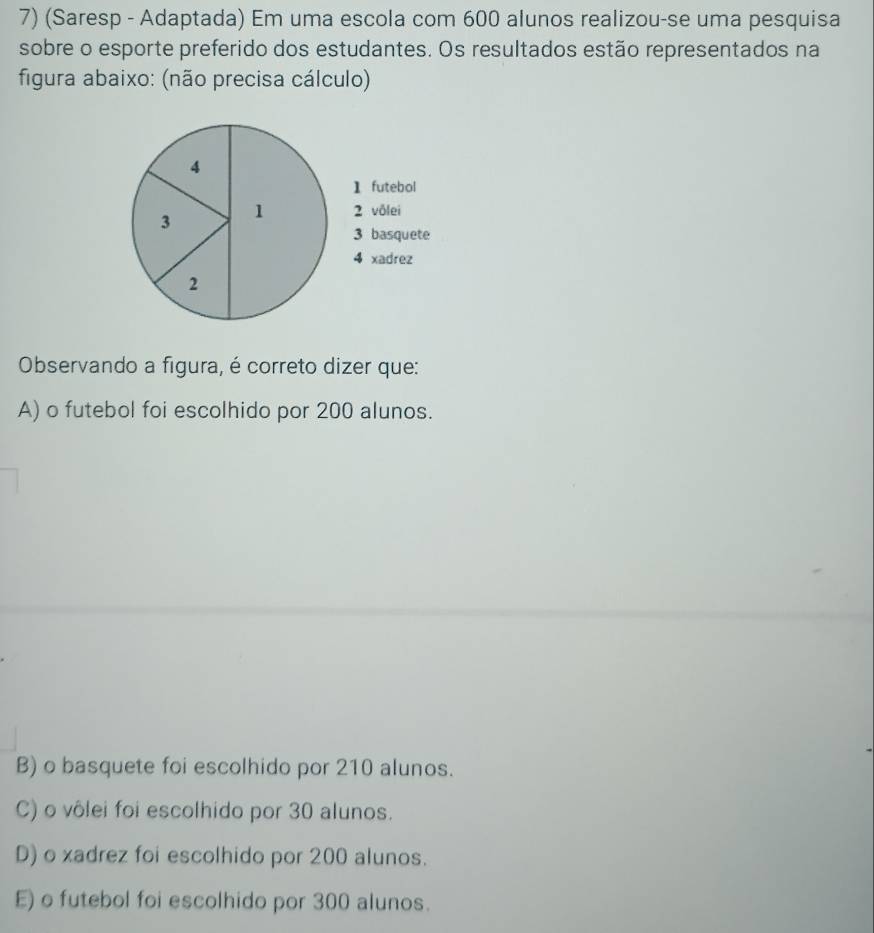 (Saresp - Adaptada) Em uma escola com 600 alunos realizou-se uma pesquisa
sobre o esporte preferido dos estudantes. Os resultados estão representados na
figura abaixo: (não precisa cálculo)
Observando a figura, é correto dizer que:
A) o futebol foi escolhido por 200 alunos.
B) o basquete foi escolhido por 210 alunos.
C) o vôlei foi escolhido por 30 alunos.
D) o xadrez foi escolhido por 200 alunos.
E) o futebol foi escolhido por 300 alunos.