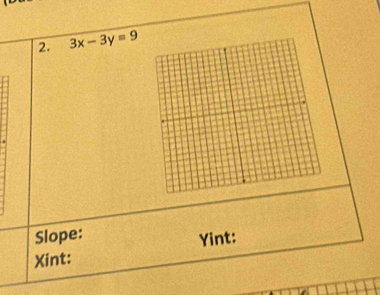 3x-3y=9
Slope: 
Yint: 
Xint: