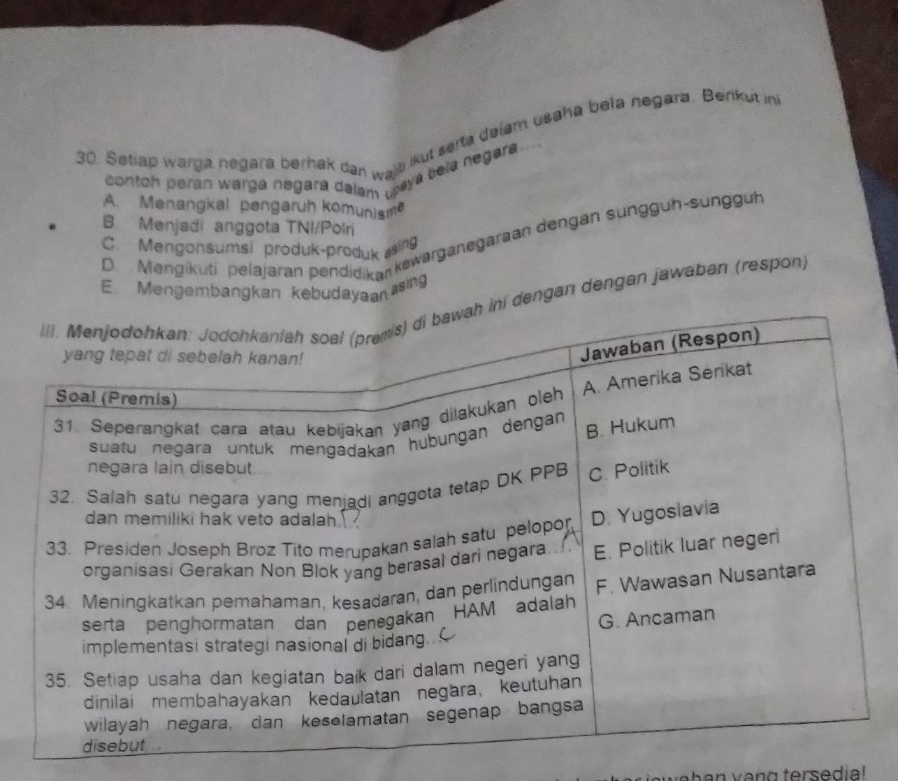 Setiap warga negara berhak dan wajo ikut serta delam usaha bela negara. Berikut in
contoh peran warga negará dalam upyá bela negara
A. Menangkal pengaruh komunism
B. Menjadi anggota TNI/Polri
D. Mengikuti pelajaran pendidikan kewarganegaraan dengan sunggüh-sungguh
C. Mengonsumsi produk-produk asing
E Mengembangkan kebudayaan sing
engan dengan jawaban (respon)