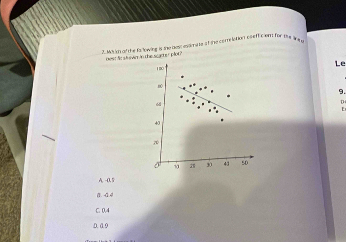 Which of the following is the best estimate of the correlation coefficient for the line s
best fit shown in the scatter plot?
Le
100
80
9.
60
D
E
40
20
10 20 30 40 50
A. -0.9
B. -0.4
C. 0.4
D. 0.9