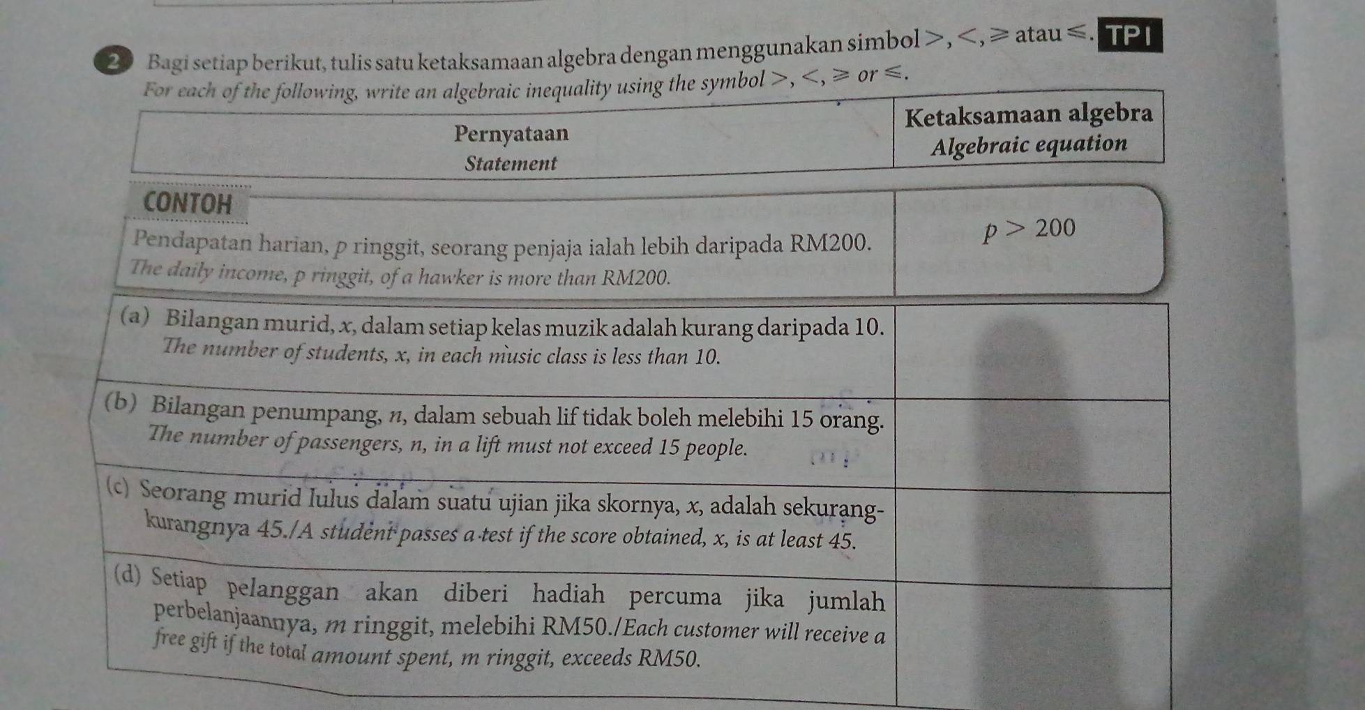 Bagi setiap berikut, tulis satu ketaksamaan algebra dengan menggunakan simbol>,