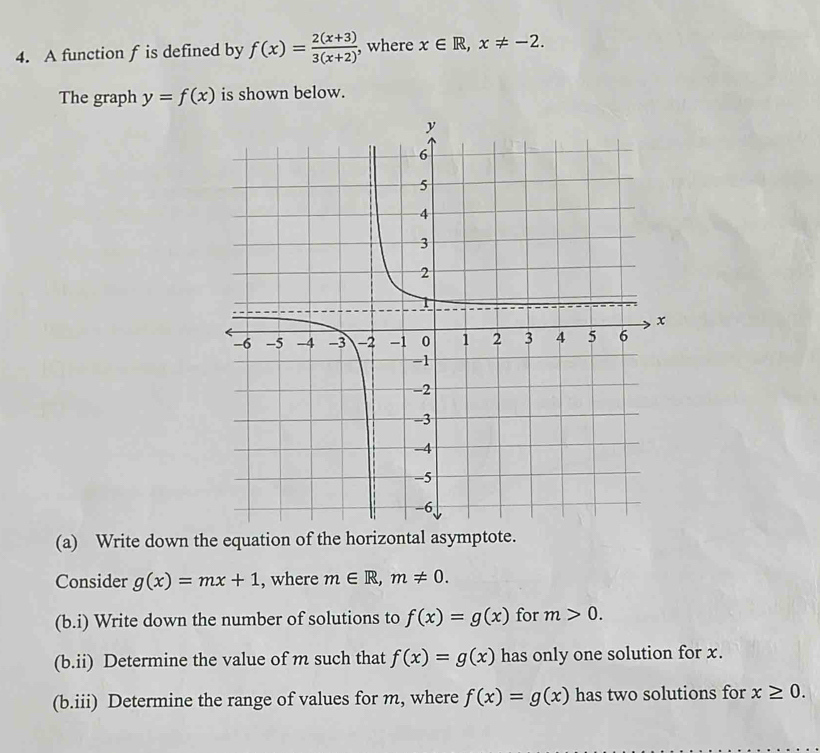 A function f is defined by f(x)= (2(x+3))/3(x+2)  , where x∈ R, x!= -2. 
The graph y=f(x) is shown below. 
(a) Write down the equation of the horizontal asymptote. 
Consider g(x)=mx+1 , where m∈ R, m!= 0. 
(b.i) Write down the number of solutions to f(x)=g(x) for m>0. 
(b.ii) Determine the value of m such that f(x)=g(x) has only one solution for x. 
(b.iii) Determine the range of values for m, where f(x)=g(x) has two solutions for x≥ 0.