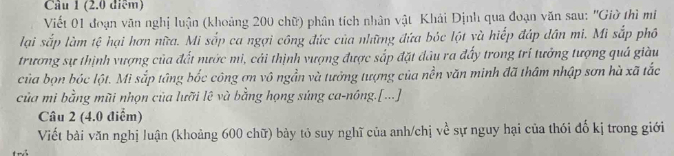 Cầu 1 (2.0 điểm) 
Viết 01 đoạn văn nghị luận (khoảng 200 chữ) phân tích nhân vật Khải Dịnh qua đoạn văn sau: "Giờ thì mi 
lại sắp làm tệ hại hơn nữa. Mi sắp ca ngợi công đức của những đứa bóc lột và hiếp đáp dân mi. Mi sắp phố 
trương sự thịnh vượng của đất nước mi, cái thịnh vượng được sắp đặt đâu ra đấy trong trí tưởng tượng quả giàu 
của bọn bóc lột. Mi sắp tâng bốc công ơn vô ngần và tưởng tượng của nền văn minh đã thâm nhập sơn hà xã tắc 
của mi bằng mũi nhọn của lưỡi lê và bằng họng súng ca-nông.[...] 
Câu 2 (4.0 điểm) 
Viết bài văn nghị luận (khoảng 600 chữ) bày tỏ suy nghĩ của anh/chị về sự nguy hại của thói đố kị trong giới