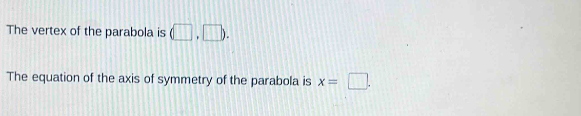 The vertex of the parabola is (□ ,□ ). 
The equation of the axis of symmetry of the parabola is x=□.